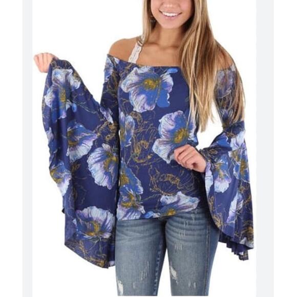 We the Free People Blouse Small Blue Floral Off the Shoulder Bell Sleeves Hippie - Picture 1 of 7